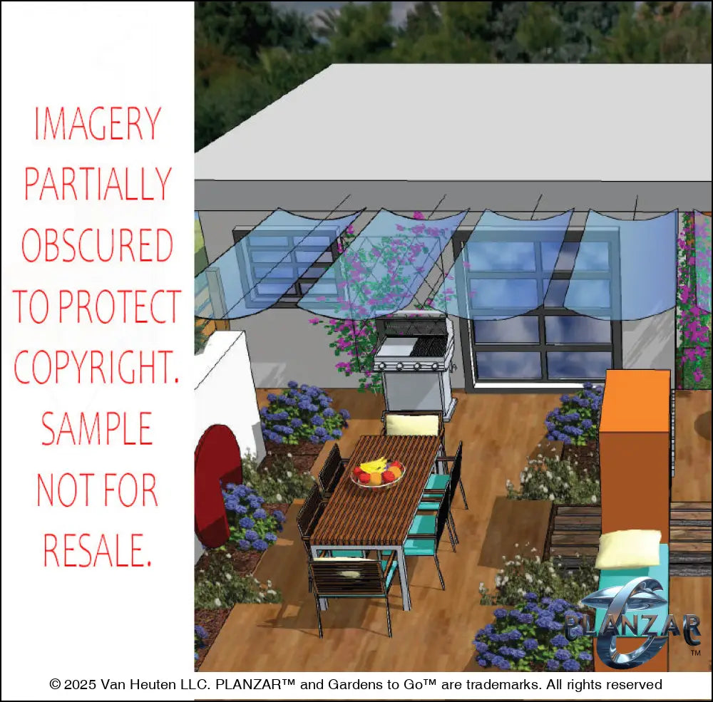 3D color rendering of the L‑shaped Mid‑Century Modern landscape design, featuring a custom shade structure, sculptural water feature, modern outdoor fireplace, refined dining and seating areas, wood‑decking patio spaces, curated xeric planting, elegant low walls, and a small lawn area. Clean lines, warm materials, and iconic Mid‑Century Modern geometry highlight the luxury, low‑maintenance, low‑water‑use character of this contemporary outdoor plan.