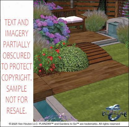 3D color rendering of the L‑shaped Modern Water landscape design, featuring a sculptural water feature, contemporary shade structure, refined dining and seating areas, stone or concrete patio spaces, curated xeric planting, elegant low walls, a small lawn area, and a dedicated grilling zone. Clean modern lines, balanced geometry, and warm material contrasts highlight the luxury, low‑maintenance, low‑water‑use character of this contemporary outdoor plan.