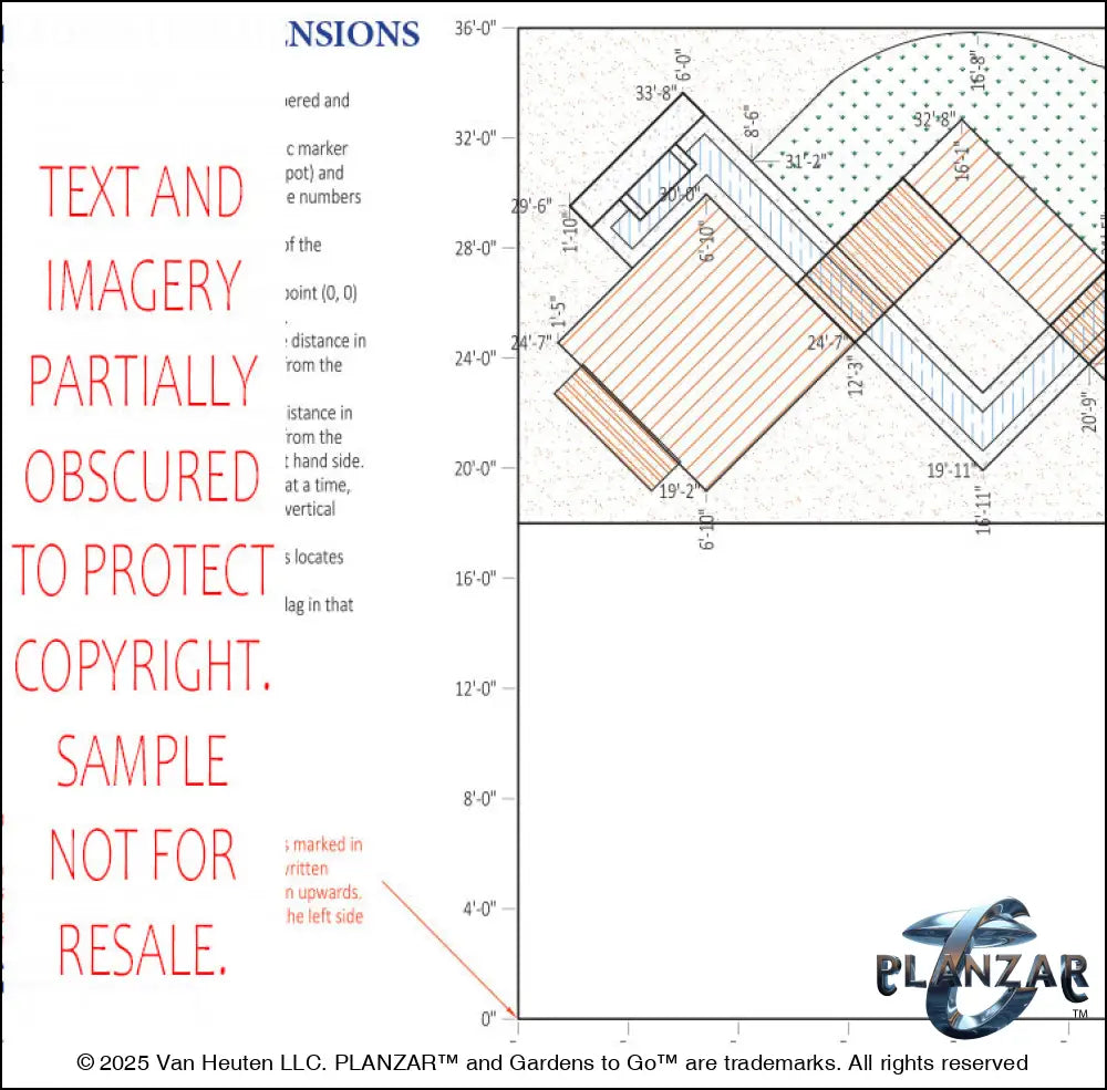 Architectural dimensions plan and layout for the L‑shaped Modern Water landscape design, showing scaled measurements, structural outlines, spatial relationships, and reference points for accurate installation. Includes the full footprint of the L‑shaped lot, stone or concrete patio zones, water‑feature placement, shade‑structure location, seating and dining areas, low walls, and curated xeric planting layout—supporting the luxury, low‑maintenance, low‑water‑use character of this contemporary Modern Water ou