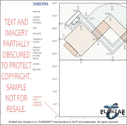 Architectural dimensions plan and layout for the L‑shaped Modern Water landscape design, showing scaled measurements, structural outlines, spatial relationships, and reference points for accurate installation. Includes the full footprint of the L‑shaped lot, stone or concrete patio zones, water‑feature placement, shade‑structure location, seating and dining areas, low walls, and curated xeric planting layout—supporting the luxury, low‑maintenance, low‑water‑use character of this contemporary Modern Water ou
