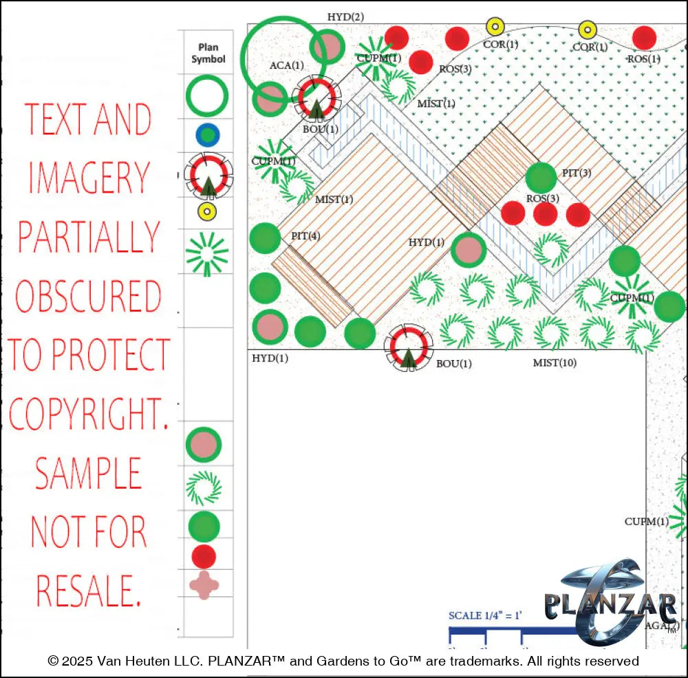 Detailed planting plan for the L‑shaped Modern Water landscape design, showing botanical symbols, plant quantities, species abbreviations, and spatial placement across the lot. Includes a color‑coded legend, pot indicators, trellis‑training markers, and USDA Hardiness Zone notes to guide accurate installation and long‑term maintenance. A curated xeric planting layout that supports the luxury, low‑maintenance, low‑water‑use character of this contemporary Modern Water outdoor plan.