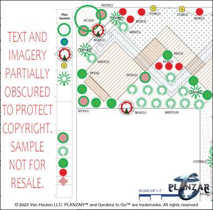 Detailed planting plan for the L‑shaped Modern Water landscape design, showing botanical symbols, plant quantities, species abbreviations, and spatial placement across the lot. Includes a color‑coded legend, pot indicators, trellis‑training markers, and USDA Hardiness Zone notes to guide accurate installation and long‑term maintenance. A curated xeric planting layout that supports the luxury, low‑maintenance, low‑water‑use character of this contemporary Modern Water outdoor plan.
