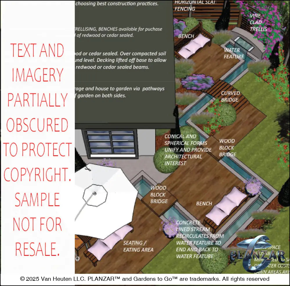 Design overview for the L‑shaped Modern Water landscape plan, summarizing the layout logic behind the sculptural water feature, shade structure, stone or concrete patio zones, refined dining and seating areas, grilling space, small lawn, and curated xeric planting. Includes annotated notes explaining spatial flow, material choices, functional zones, and the luxury, low‑maintenance, low‑water‑use character of this contemporary Modern Water outdoor design.