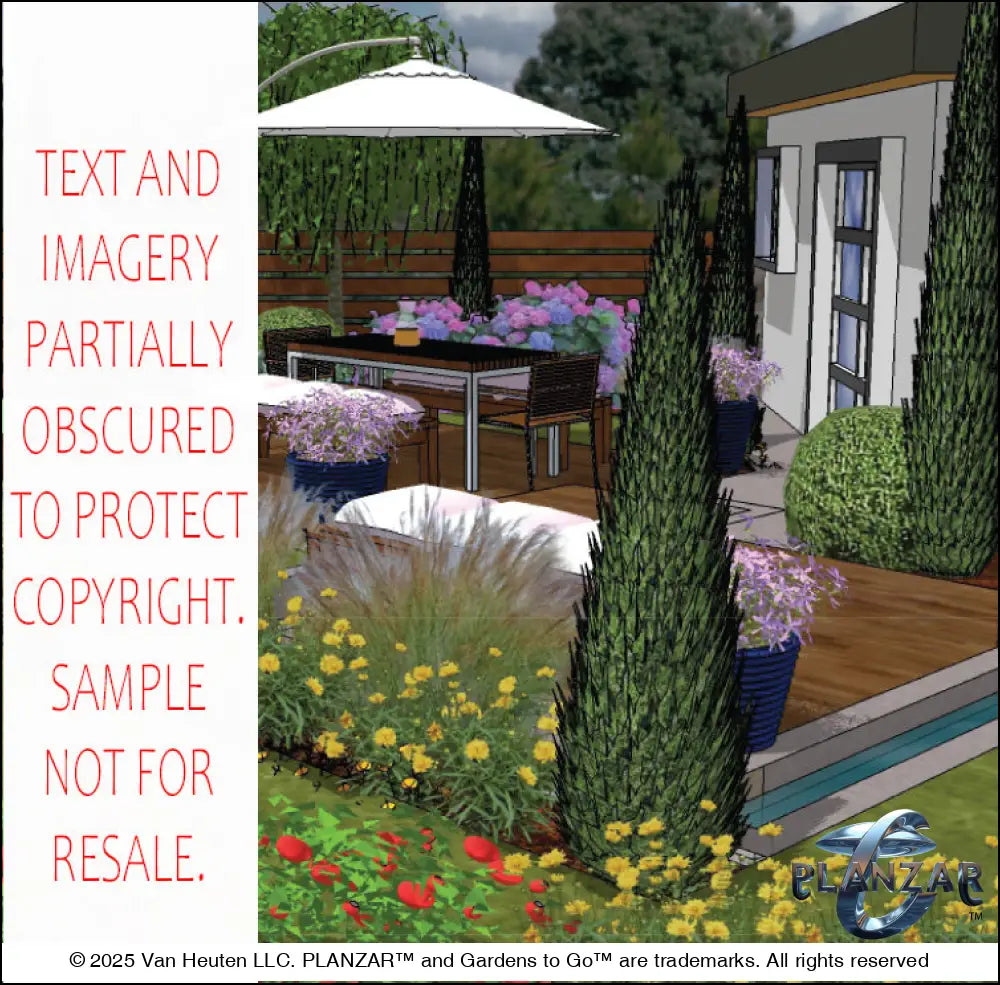 3D color rendering of the L‑shaped Modern Water landscape design, highlighting the sculptural water feature, contemporary shade structure, refined dining and seating areas, stone or concrete patio zones, curated xeric planting, elegant low walls, a small lawn area, and a dedicated grilling space. Clean modern lines, balanced geometry, and warm material contrasts emphasize the luxury, low‑maintenance, low‑water‑use character of this contemporary outdoor plan.