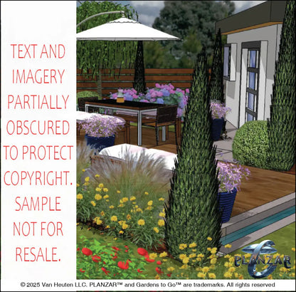 3D color rendering of the L‑shaped Modern Water landscape design, highlighting the sculptural water feature, contemporary shade structure, refined dining and seating areas, stone or concrete patio zones, curated xeric planting, elegant low walls, a small lawn area, and a dedicated grilling space. Clean modern lines, balanced geometry, and warm material contrasts emphasize the luxury, low‑maintenance, low‑water‑use character of this contemporary outdoor plan.