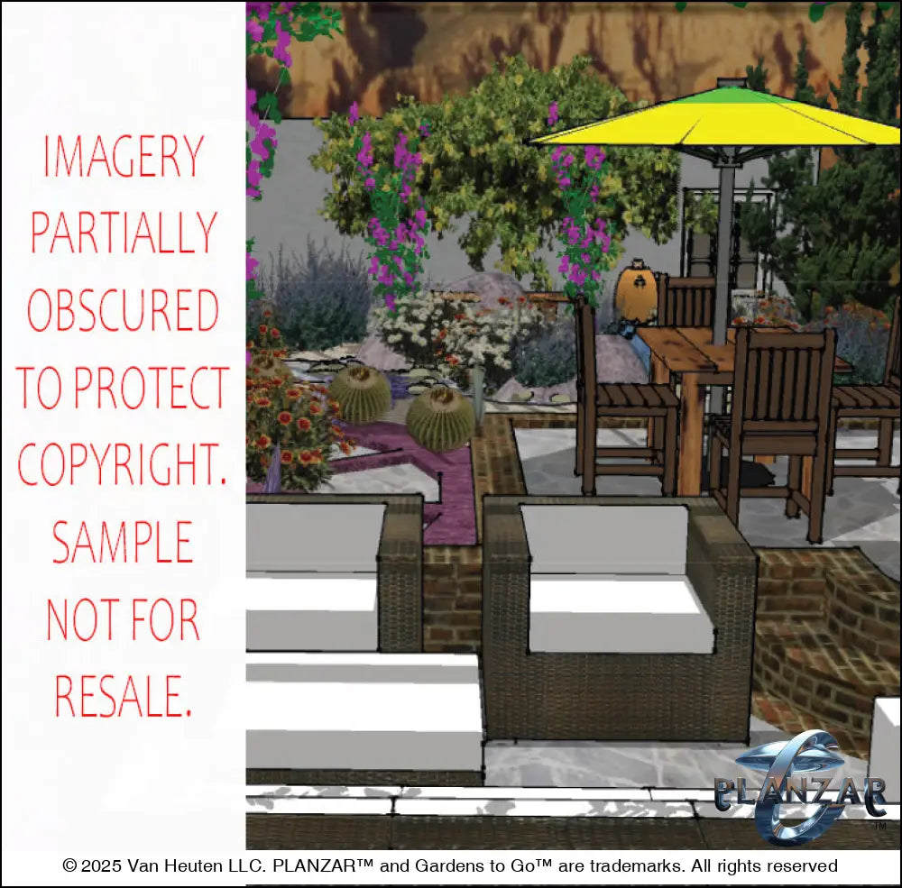 3D color rendering of the L‑shaped Southwestern landscape design, featuring a custom shade structure, sculptural water feature, outdoor fireplace, stone patio spaces, steps, dry stream, steppingstones, grilling area, and curated xeric planting. Clean lines, warm regional materials, and desert‑inspired textures highlight the luxury, low‑maintenance, low‑water‑use Southwestern style.