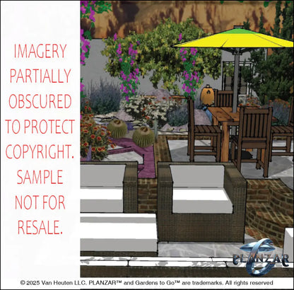 3D color rendering of the L‑shaped Southwestern landscape design, featuring a custom shade structure, sculptural water feature, outdoor fireplace, stone patio spaces, steps, dry stream, steppingstones, grilling area, and curated xeric planting. Clean lines, warm regional materials, and desert‑inspired textures highlight the luxury, low‑maintenance, low‑water‑use Southwestern style.