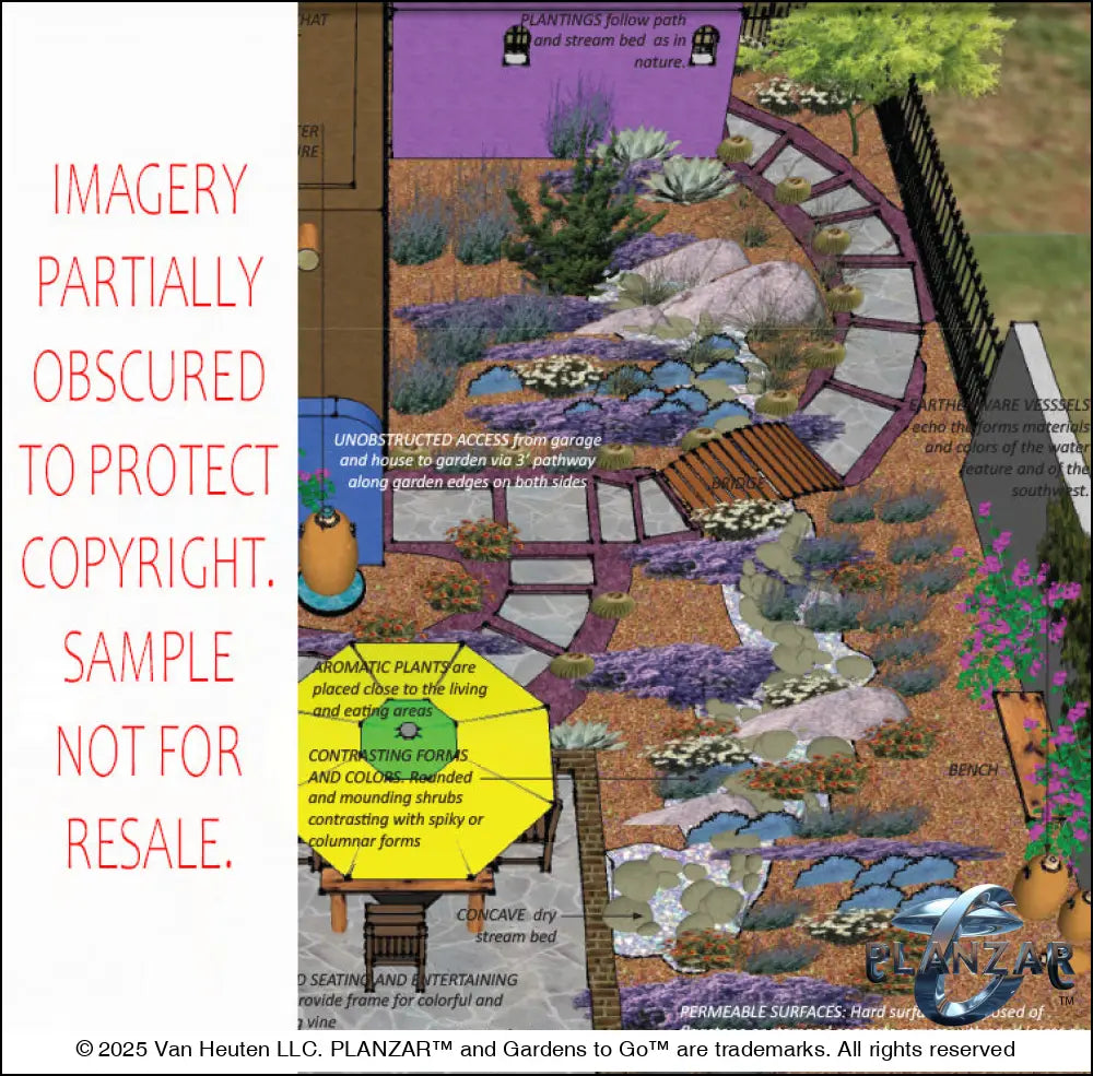 Design overview for the L‑shaped Southwestern landscape plan, outlining the layout logic behind the shade structure, sculptural water feature, outdoor fireplace, stone patio zones, steps, dry stream, steppingstones, grilling area, and curated xeric planting. Includes notes on spatial flow, material choices, and the luxury, low‑maintenance, low‑water‑use Southwestern style.