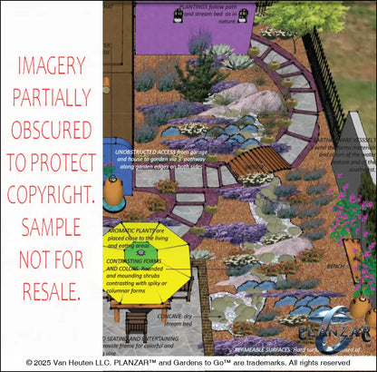 Design overview for the L‑shaped Southwestern landscape plan, outlining the layout logic behind the shade structure, sculptural water feature, outdoor fireplace, stone patio zones, steps, dry stream, steppingstones, grilling area, and curated xeric planting. Includes notes on spatial flow, material choices, and the luxury, low‑maintenance, low‑water‑use Southwestern style.