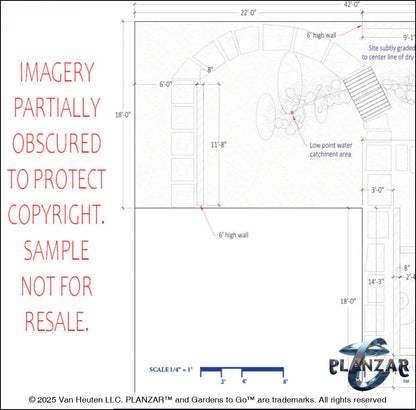 Architectural dimensions plan and layout for the L‑shaped Southwestern landscape design, showing scaled measurements, structural outlines, and spatial relationships for accurate installation. Includes the lot footprint, stone patio zones, shade‑structure placement, outdoor fireplace, water feature, steps, dry stream, steppingstone paths, grilling area, and curated xeric planting—supporting the luxury, low‑maintenance, low‑water‑use Southwestern style.