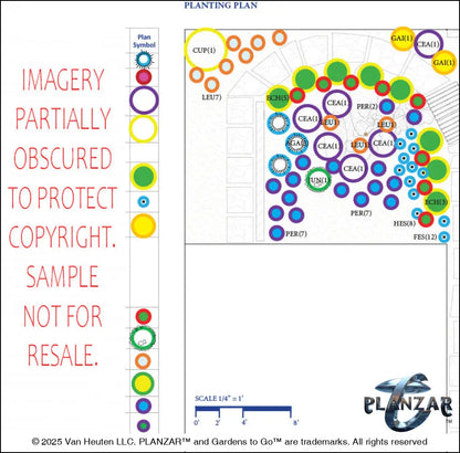 Detailed planting plan for the L‑shaped Southwestern landscape design, showing plant symbols, quantities, species abbreviations, and placement across the lot. Includes a color‑coded legend, pot indicators, and zone notes to guide accurate installation and long‑term care of the curated xeric planting used in this luxury, low‑maintenance, low‑water‑use Southwestern plan.