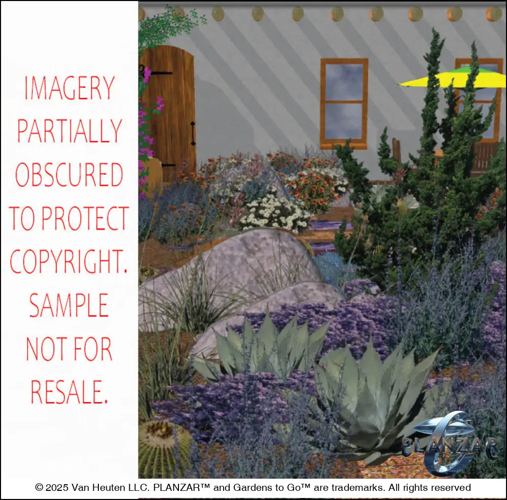 3D color rendering of the L‑shaped Southwestern landscape design, featuring a custom shade structure, sculptural water feature, outdoor fireplace, stone patio spaces, steps, dry stream, steppingstones, grilling area, and curated xeric planting. Clean lines, warm regional materials, and desert‑inspired textures highlight the luxury, low‑maintenance, low‑water‑use Southwestern style.