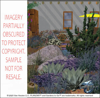 3D color rendering of the L‑shaped Southwestern landscape design, featuring a custom shade structure, sculptural water feature, outdoor fireplace, stone patio spaces, steps, dry stream, steppingstones, grilling area, and curated xeric planting. Clean lines, warm regional materials, and desert‑inspired textures highlight the luxury, low‑maintenance, low‑water‑use Southwestern style.