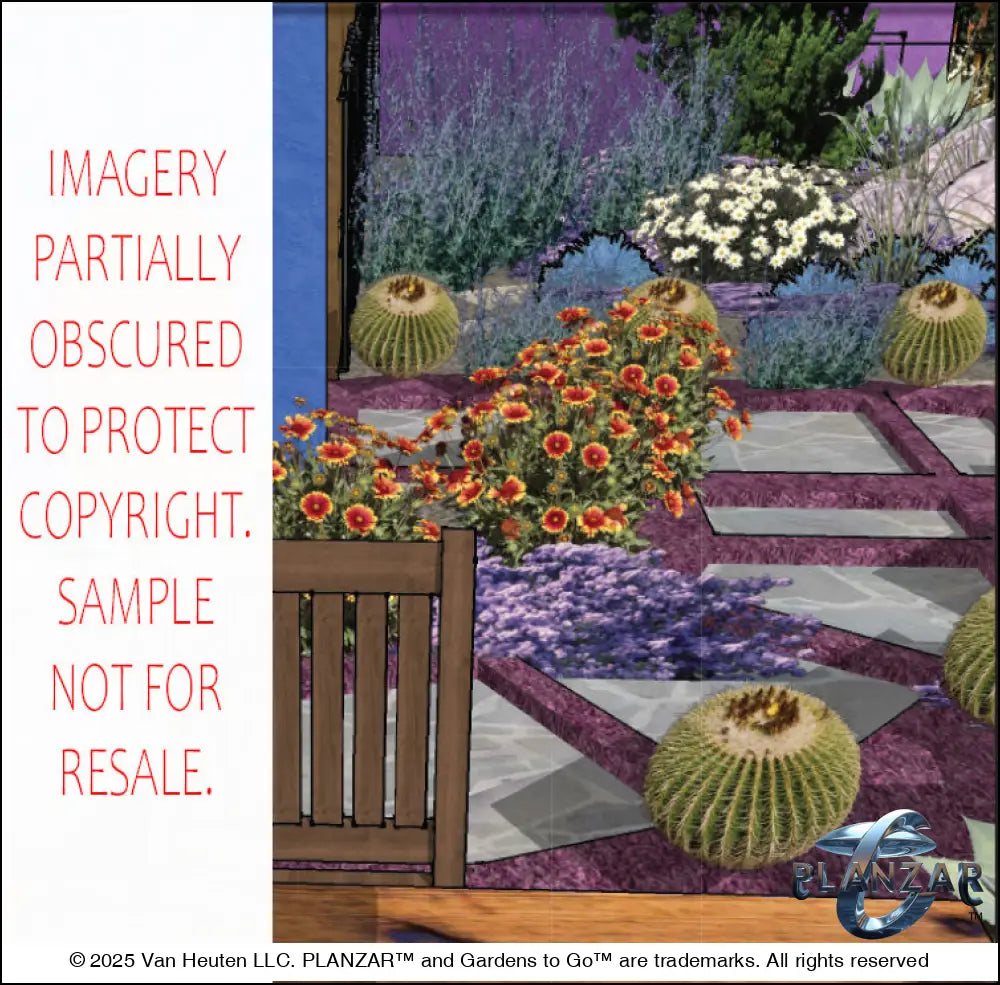 3D color rendering of the L‑shaped Southwestern landscape design, featuring a custom shade structure, sculptural water feature, outdoor fireplace, stone patio spaces, steps, dry stream, steppingstones, grilling area, and curated xeric planting. Clean lines, warm regional materials, and desert‑inspired textures highlight the luxury, low‑maintenance, low‑water‑use Southwestern style.