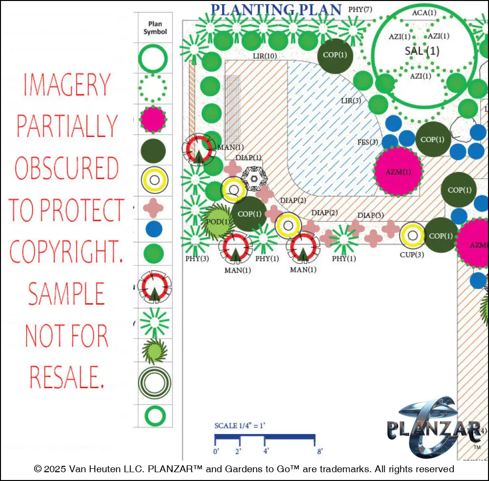 Detailed planting plan for the L‑shaped Tokyo Zen landscape design, showing plant symbols, quantities, species abbreviations, and placement across the lot. Includes a color‑coded legend, pot indicators, and zone notes to guide accurate installation and long‑term care of the curated xeric planting used in this luxury, low‑maintenance, low‑water‑use Zen‑inspired plan.