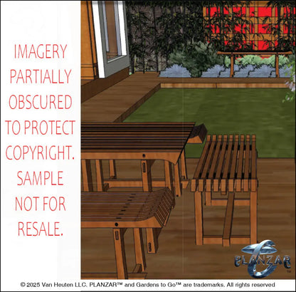 3D color rendering of the L‑shaped Tokyo Zen landscape design, featuring a custom shade structure, sculptural water feature, wood‑decking patio spaces, refined dining and seating areas, small lawn, contemporary grilling zone, natural boulders, river rock, elegant low walls, and curated xeric planting. A luxury, low‑maintenance, low‑water‑use outdoor space blending modern design with Zen‑inspired tranquility.