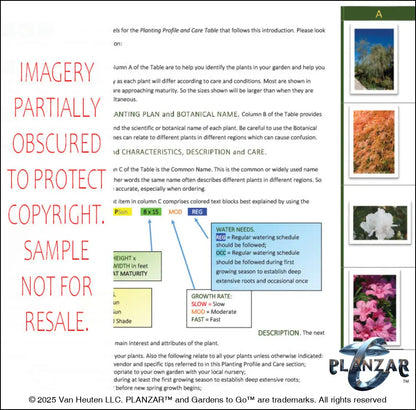 Planting guide for the L‑shaped Tokyo Zen landscape design, featuring plant identification photos, botanical names, care notes, and guidance on light needs, watering, growth habits, and mature size. Supports proper installation and long‑term care of the curated xeric planting used in this luxury, low‑maintenance, low‑water‑use Zen‑inspired plan.