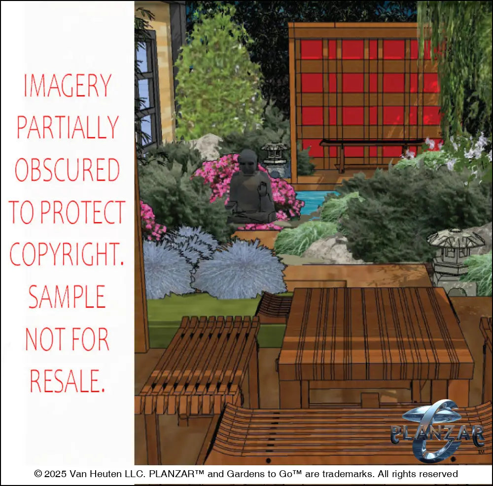 3D color rendering of the L‑shaped Tokyo Zen landscape design, featuring a custom shade structure, sculptural water feature, wood‑decking patio spaces, refined dining and seating areas, small lawn, contemporary grilling zone, natural boulders, river rock, elegant low walls, and curated xeric planting. A luxury, low‑maintenance, low‑water‑use outdoor space blending modern design with Zen‑inspired tranquility.