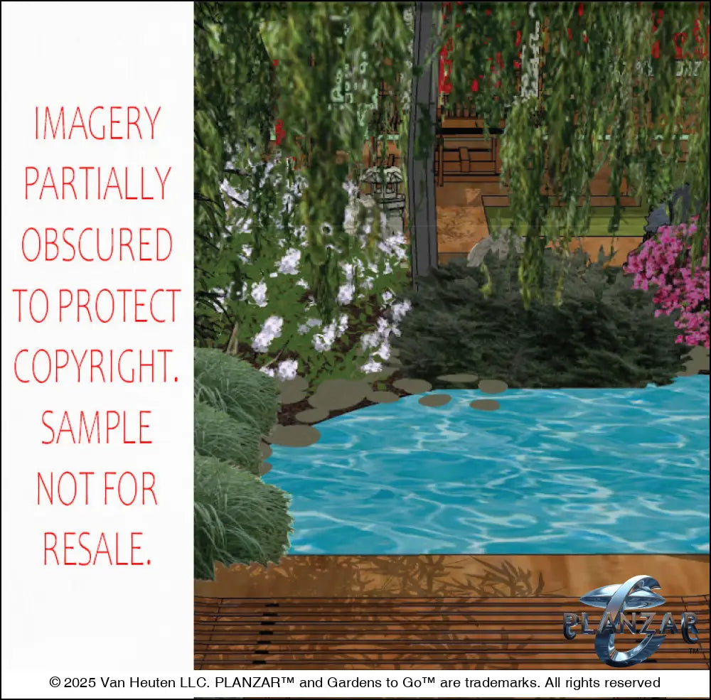 3D color rendering of the L‑shaped Tokyo Zen landscape design, featuring a custom shade structure, sculptural water feature, wood‑decking patio spaces, refined dining and seating areas, small lawn, contemporary grilling zone, natural boulders, river rock, elegant low walls, and curated xeric planting. A luxury, low‑maintenance, low‑water‑use outdoor space blending modern design with Zen‑inspired tranquility.