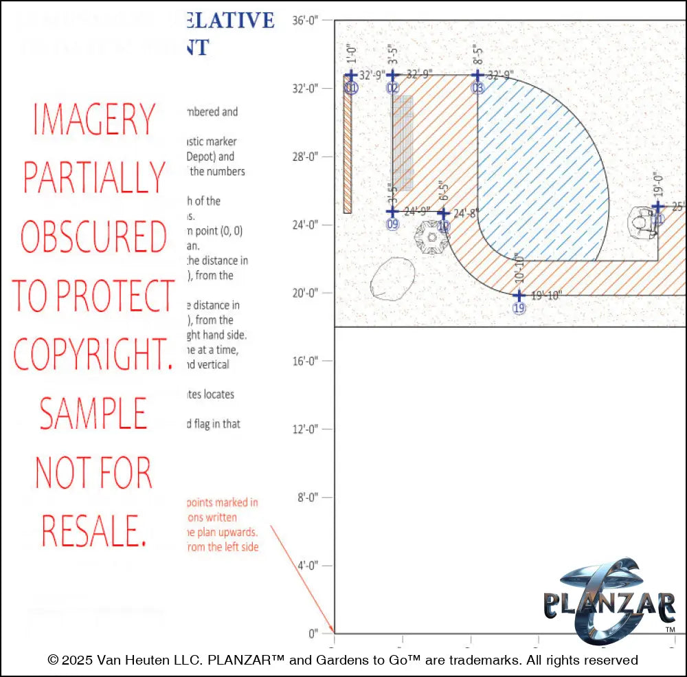 Architectural dimensions plan and layout for the L‑shaped Tokyo Zen landscape design, showing scaled measurements, structural outlines, and spatial relationships for accurate installation. Includes the lot footprint, wood‑decking patio zones, shade‑structure placement, sculptural water feature, dining and seating areas, small lawn, grilling zone, natural boulders, river rock, low walls, and curated xeric planting—supporting the luxury, low‑maintenance, low‑water‑use Zen‑inspired style.
