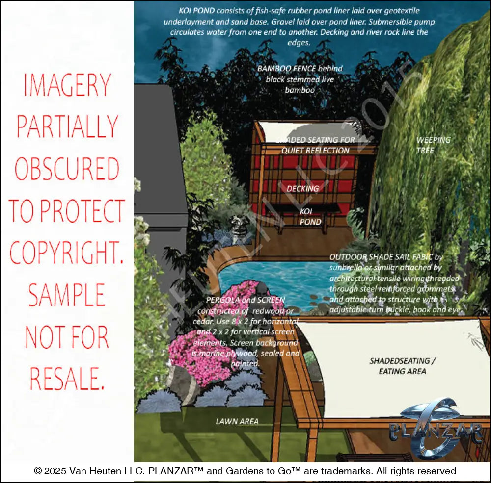 Design overview for the L‑shaped Tokyo Zen landscape plan, outlining the layout logic behind the shade structure, sculptural water feature, wood‑decking patio zones, refined dining and seating areas, small lawn, contemporary grilling zone, natural boulders, river rock, low walls, and curated xeric planting. Highlights the luxury, low‑maintenance, low‑water‑use style blending modern design with Zen‑inspired tranquility.