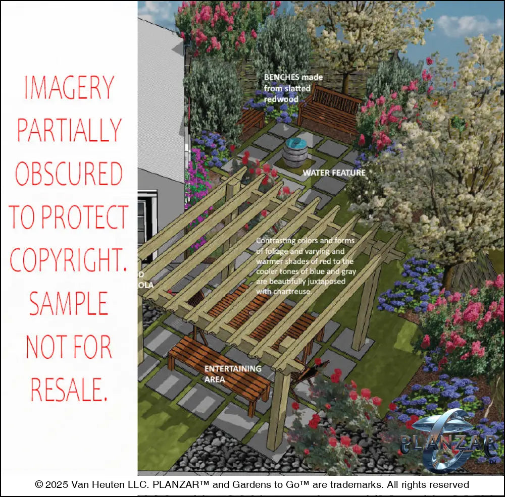 3D color rendering of the L‑shaped Townhome landscape design, featuring a custom shade structure, elegant pergola, sculptural water feature, stone‑paver patio spaces, refined dining and seating areas, small lawn areas, contemporary grilling zone, and curated xeric planting. A luxury, low‑maintenance, low‑water‑use outdoor space blending modern style with traditional charm.