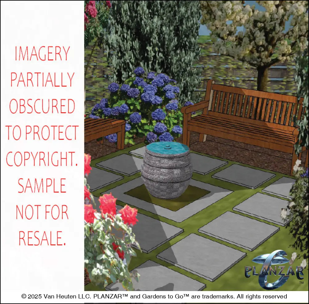 3D color rendering of the L‑shaped Townhome landscape design, featuring a custom shade structure, elegant pergola, sculptural water feature, stone‑paver patio spaces, refined dining and seating areas, small lawn areas, contemporary grilling zone, and curated xeric planting. A luxury, low‑maintenance, low‑water‑use outdoor space blending modern style with traditional charm.