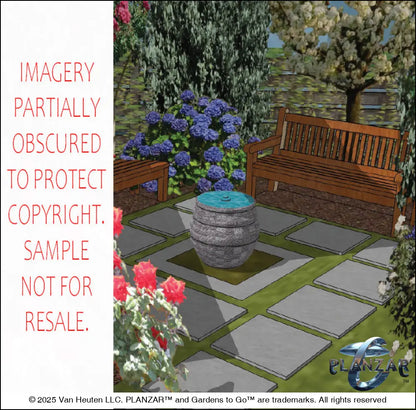 3D color rendering of the L‑shaped Townhome landscape design, featuring a custom shade structure, elegant pergola, sculptural water feature, stone‑paver patio spaces, refined dining and seating areas, small lawn areas, contemporary grilling zone, and curated xeric planting. A luxury, low‑maintenance, low‑water‑use outdoor space blending modern style with traditional charm.