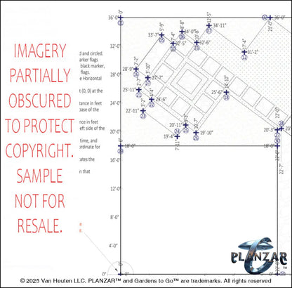 Architectural dimensions plan and layout for the L‑shaped Townhome landscape design, showing scaled measurements, structural outlines, and spatial relationships for accurate installation. Includes the lot footprint, stone‑paver patio zones, shade‑structure and pergola placement, sculptural water feature, dining and seating areas, small lawn areas, contemporary grilling zone, and curated xeric planting—supporting the luxury, low‑maintenance, low‑water‑use style blending modern design with traditional charm.