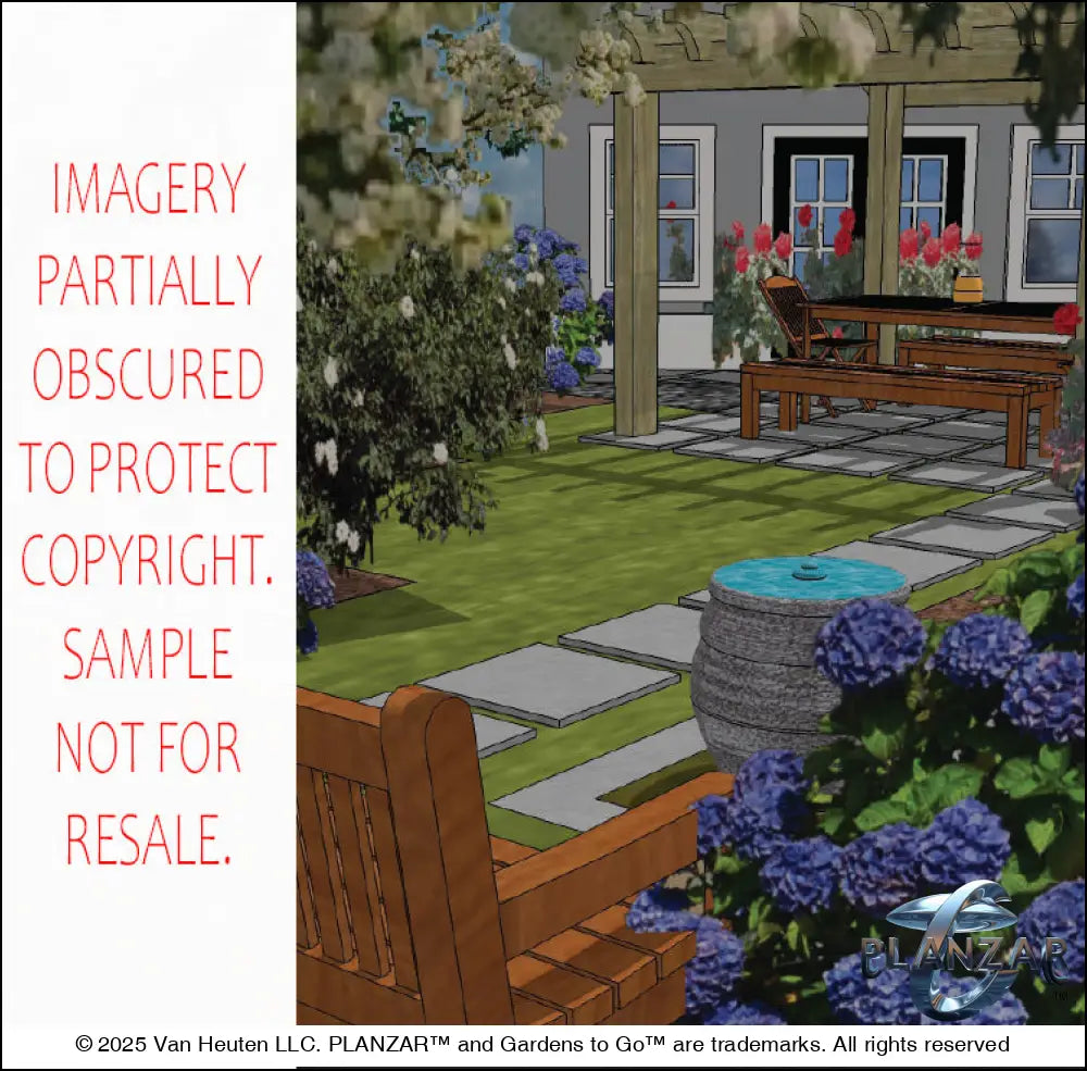 3D color rendering of the L‑shaped Townhome landscape design, featuring a custom shade structure, elegant pergola, sculptural water feature, stone‑paver patio spaces, refined dining and seating areas, small lawn areas, contemporary grilling zone, and curated xeric planting. A luxury, low‑maintenance, low‑water‑use outdoor space blending modern style with traditional charm.