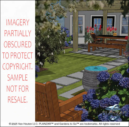3D color rendering of the L‑shaped Townhome landscape design, featuring a custom shade structure, elegant pergola, sculptural water feature, stone‑paver patio spaces, refined dining and seating areas, small lawn areas, contemporary grilling zone, and curated xeric planting. A luxury, low‑maintenance, low‑water‑use outdoor space blending modern style with traditional charm.