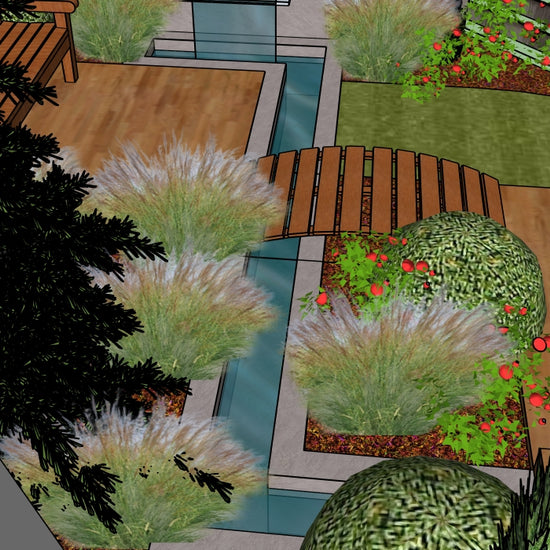 Luxury Modern Water Garden landscape design video for L‑shaped lots, featuring a custom shade‑structure pergola, sculptural water feature, refined dining and seating areas, wood‑decking patio spaces, curated xeric planting, a small lawn area, and a contemporary grilling zone. A high‑end, low‑maintenance, low‑water‑use digital landscape plan with sleek, modern outdoor living style.