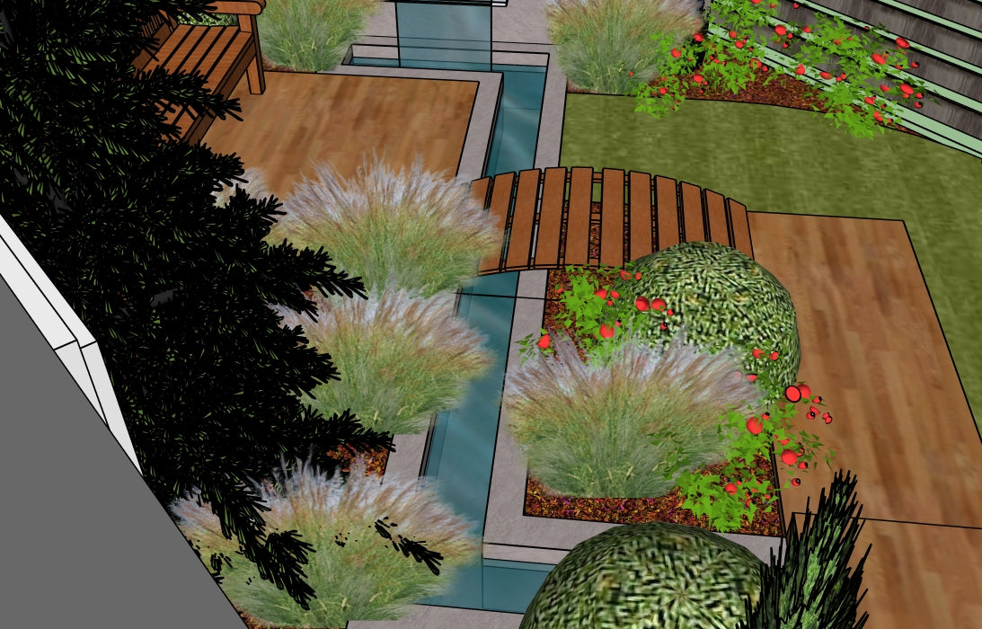 Luxury Modern Water Garden landscape design video for L‑shaped lots, featuring a custom shade‑structure pergola, sculptural water feature, refined dining and seating areas, wood‑decking patio spaces, curated xeric planting, a small lawn area, and a contemporary grilling zone. A high‑end, low‑maintenance, low‑water‑use digital landscape plan with sleek, modern outdoor living style.