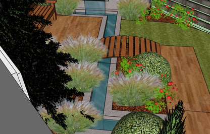 Luxury Modern Water Garden landscape design video for L‑shaped lots, featuring a custom shade‑structure pergola, sculptural water feature, refined dining and seating areas, wood‑decking patio spaces, curated xeric planting, a small lawn area, and a contemporary grilling zone. A high‑end, low‑maintenance, low‑water‑use digital landscape plan with sleek, modern outdoor living style.