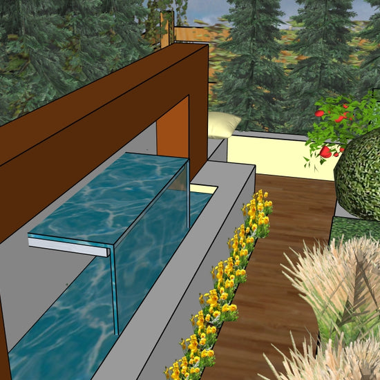 Luxury Mid‑Century Modern landscape design video for L‑shaped lots, featuring a custom shade structure, sculptural water feature, modern outdoor fireplace, refined dining and seating areas, wood‑decking patio spaces, curated xeric planting, a small lawn area, grilling zone, and elegant low walls. A high‑end, low‑maintenance, low‑water‑use digital landscape plan inspired by iconic Mid‑Century Modern outdoor living.