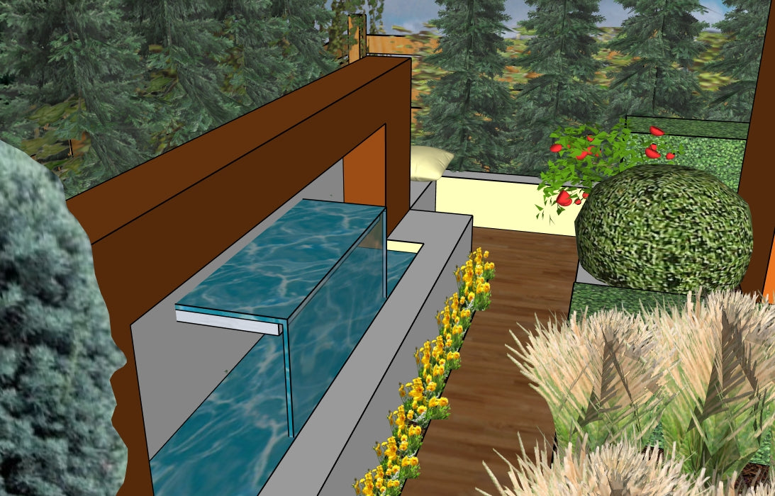 Luxury Mid‑Century Modern landscape design video for L‑shaped lots, featuring a custom shade structure, sculptural water feature, modern outdoor fireplace, refined dining and seating areas, wood‑decking patio spaces, curated xeric planting, a small lawn area, grilling zone, and elegant low walls. A high‑end, low‑maintenance, low‑water‑use digital landscape plan inspired by iconic Mid‑Century Modern outdoor living.