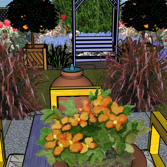 Luxury French Provençal landscape design video for rectangular lots, featuring a custom shade structure, elegant pergola, sculptural water feature, refined dining and seating areas, spacious patio zones, curated xeric planting, small lawn areas, and contemporary grilling spaces. A high‑end, low‑maintenance, low‑water‑use digital landscape plan blending modern outdoor living with timeless Provençal charm.