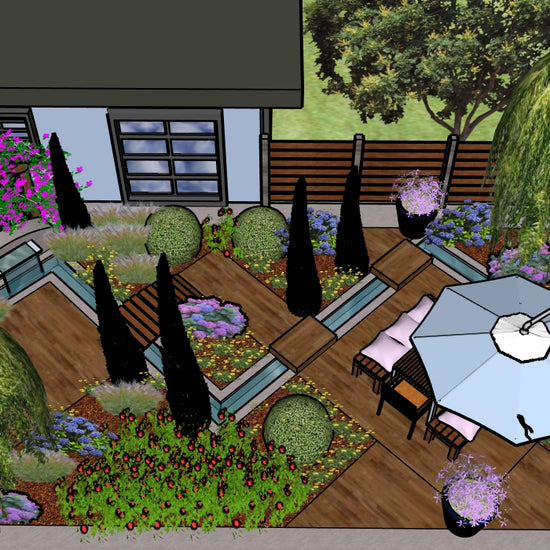 Luxury Modern Water Garden landscape design video for rectangular lots, featuring a custom shade structure, sculptural water feature, refined dining and seating areas, wood‑deck path and patio spaces, curated xeric planting, small lawn areas, and contemporary grilling zones. A high‑end, low‑maintenance, low‑water‑use digital landscape plan blending sleek modern style with subtle traditional garden influences.