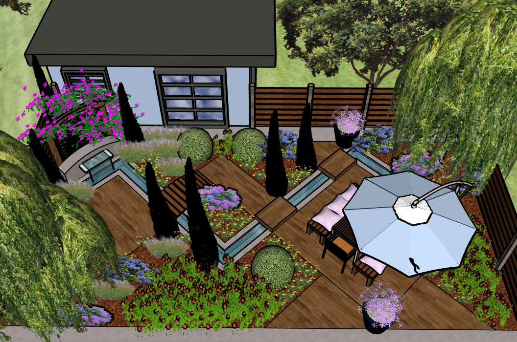 Luxury Modern Water Garden landscape design video for rectangular lots, featuring a custom shade structure, sculptural water feature, refined dining and seating areas, wood‑deck path and patio spaces, curated xeric planting, small lawn areas, and contemporary grilling zones. A high‑end, low‑maintenance, low‑water‑use digital landscape plan blending sleek modern style with subtle traditional garden influences.