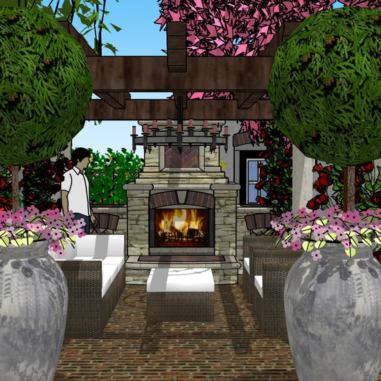 Luxury Italian Tuscan landscape design video for rectangular lots, featuring a custom shade structure, elegant pergola, sculptural water feature, modern outdoor fireplace, refined dining and seating areas, brick and stone patio spaces, sunken garden areas, curated xeric planting, small lawn areas, and traditional grilling zones. A high‑end, low‑maintenance, low‑water‑use digital landscape plan blending modern outdoor living with timeless Tuscan style.