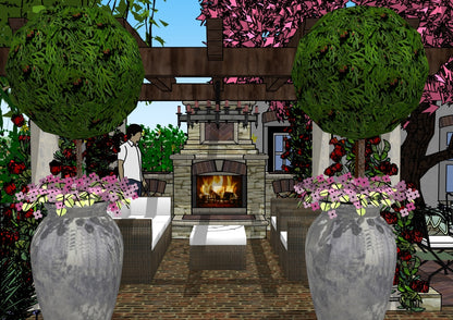 Luxury Italian Tuscan landscape design video for rectangular lots, featuring a custom shade structure, elegant pergola, sculptural water feature, modern outdoor fireplace, refined dining and seating areas, brick and stone patio spaces, sunken garden areas, curated xeric planting, small lawn areas, and traditional grilling zones. A high‑end, low‑maintenance, low‑water‑use digital landscape plan blending modern outdoor living with timeless Tuscan style.