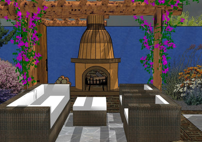 Luxury Southwestern landscape design video for rectangular yards, featuring a custom pergola, sculptural water feature, modern outdoor fireplace, stone patio spaces, and refined xeric planting. A high‑end, low‑maintenance, low‑water‑use digital landscape plan ideal for contemporary, desert‑inspired outdoor living.