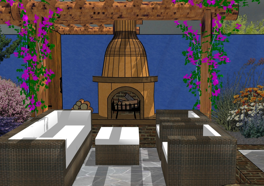 Luxury Southwestern landscape design video for rectangular yards, featuring a custom pergola, sculptural water feature, modern outdoor fireplace, stone patio spaces, and refined xeric planting. A high‑end, low‑maintenance, low‑water‑use digital landscape plan ideal for contemporary, desert‑inspired outdoor living.