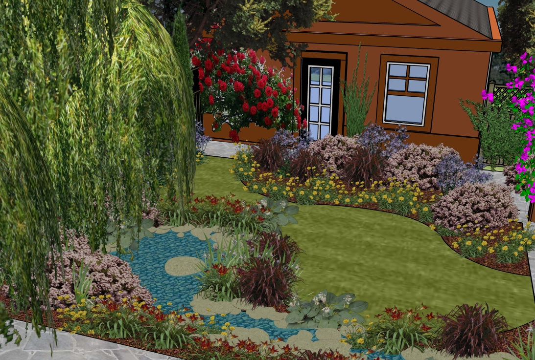 Luxury Babbling Brook landscape design video for rectangular lots, featuring a custom shade structure, elegant pergola, sculptural water feature, refined dining and seating areas, stone patio spaces, curated xeric planting, small lawn areas, and contemporary grilling zones. A high‑end, low‑maintenance, low‑water‑use digital landscape plan blending modern outdoor living with timeless traditional charm.