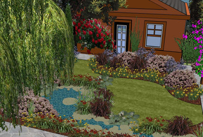 Luxury Babbling Brook landscape design video for rectangular lots, featuring a custom shade structure, elegant pergola, sculptural water feature, refined dining and seating areas, stone patio spaces, curated xeric planting, small lawn areas, and contemporary grilling zones. A high‑end, low‑maintenance, low‑water‑use digital landscape plan blending modern outdoor living with timeless traditional charm.