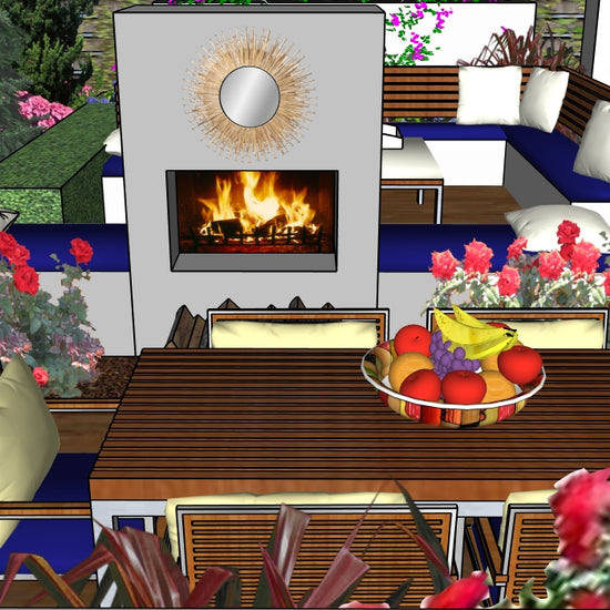 Luxury Mid‑Century Modern landscape design video for rectangular lots, featuring a custom shade structure, elegant pergola, sculptural water feature, modern outdoor fireplace, refined dining and seating areas, wood‑deck patio and pathway spaces, curated xeric planting, small lawn areas, and contemporary grilling zones. A high‑end, low‑maintenance, low‑water‑use digital landscape plan inspired by iconic Mid‑Century Modern outdoor living.
