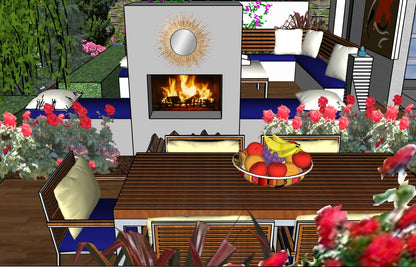 Luxury Mid‑Century Modern landscape design video for rectangular lots, featuring a custom shade structure, elegant pergola, sculptural water feature, modern outdoor fireplace, refined dining and seating areas, wood‑deck patio and pathway spaces, curated xeric planting, small lawn areas, and contemporary grilling zones. A high‑end, low‑maintenance, low‑water‑use digital landscape plan inspired by iconic Mid‑Century Modern outdoor living.
