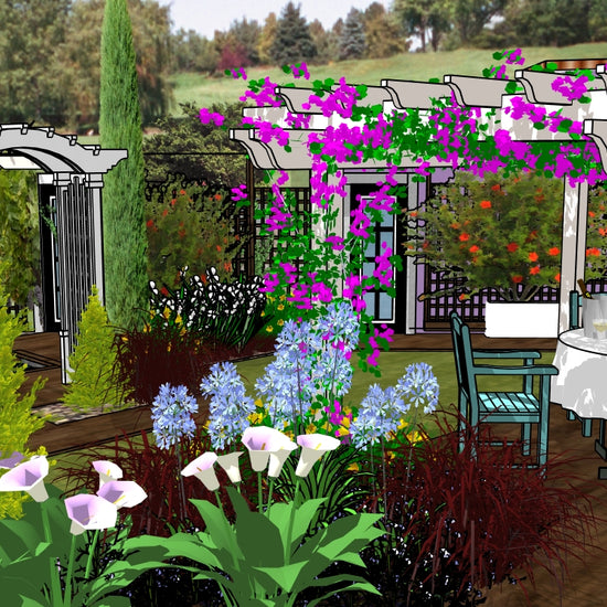 Luxury Secret Garden landscape design video for rectangular lots, featuring a custom shade structure, elegant pergola, sculptural water feature, refined dining and seating areas, wood‑patio and pathway spaces, curated xeric planting, small lawn areas, and contemporary grilling zones. A high‑end, low‑maintenance, low‑water‑use digital landscape plan blending modern outdoor living with timeless Secret Garden charm.