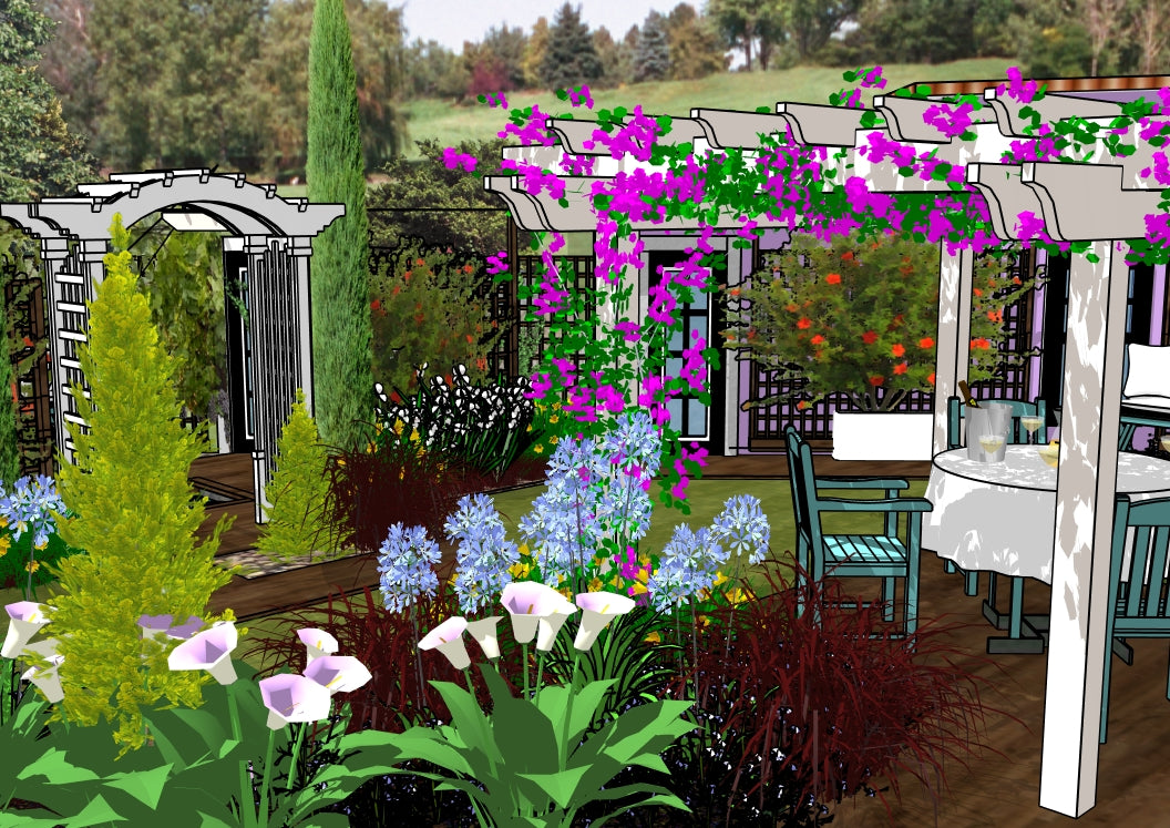 Luxury Secret Garden landscape design video for rectangular lots, featuring a custom shade structure, elegant pergola, sculptural water feature, refined dining and seating areas, wood‑patio and pathway spaces, curated xeric planting, small lawn areas, and contemporary grilling zones. A high‑end, low‑maintenance, low‑water‑use digital landscape plan blending modern outdoor living with timeless Secret Garden charm.