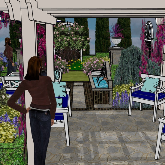 Luxury Cypress Theatrical landscape design video for rectangular lots, featuring a custom shade structure, elegant pergola, sculptural water feature, modern outdoor fireplace, refined dining and seating areas, brick and stone patio spaces, curated xeric planting, small lawn areas, and contemporary grilling zones. A high‑end, low‑maintenance, low‑water‑use digital landscape plan blending modern style with timeless traditional character.